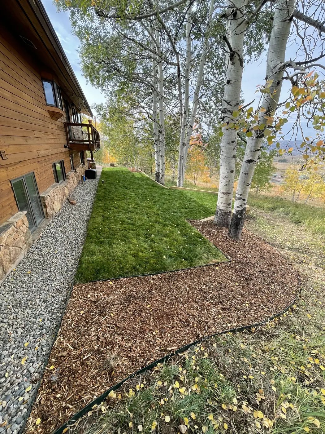Wood cabin with a maintained green lawn among fall aspens