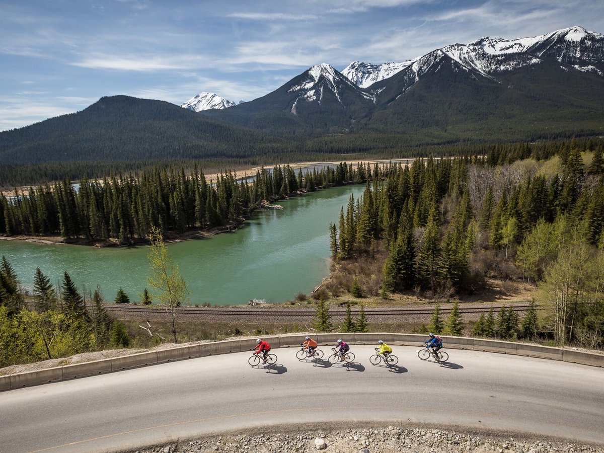 A Mountain Madness group riding a hairpin on the Bow Valley Parkway