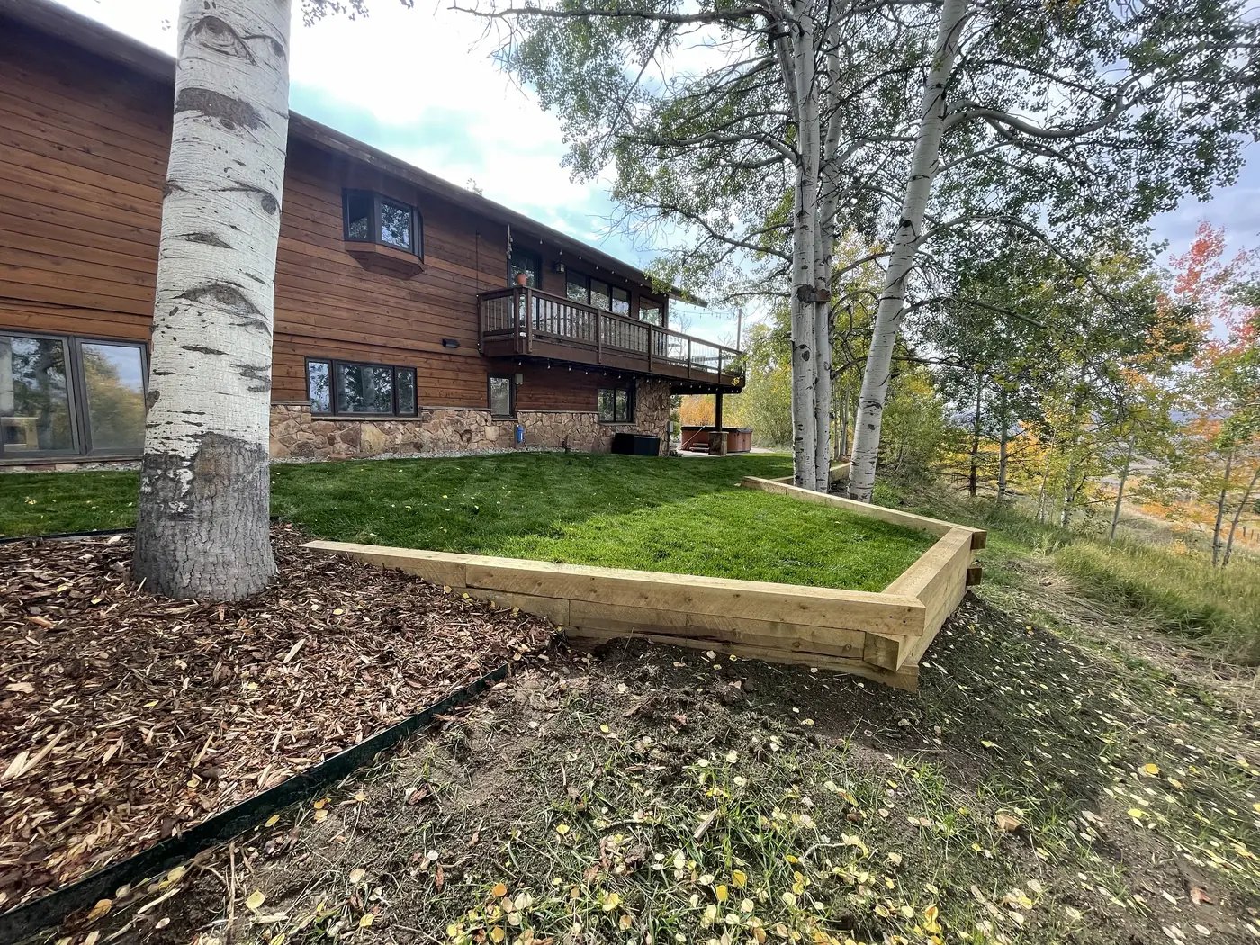 Timber raised bed and green lawn framed by aspens