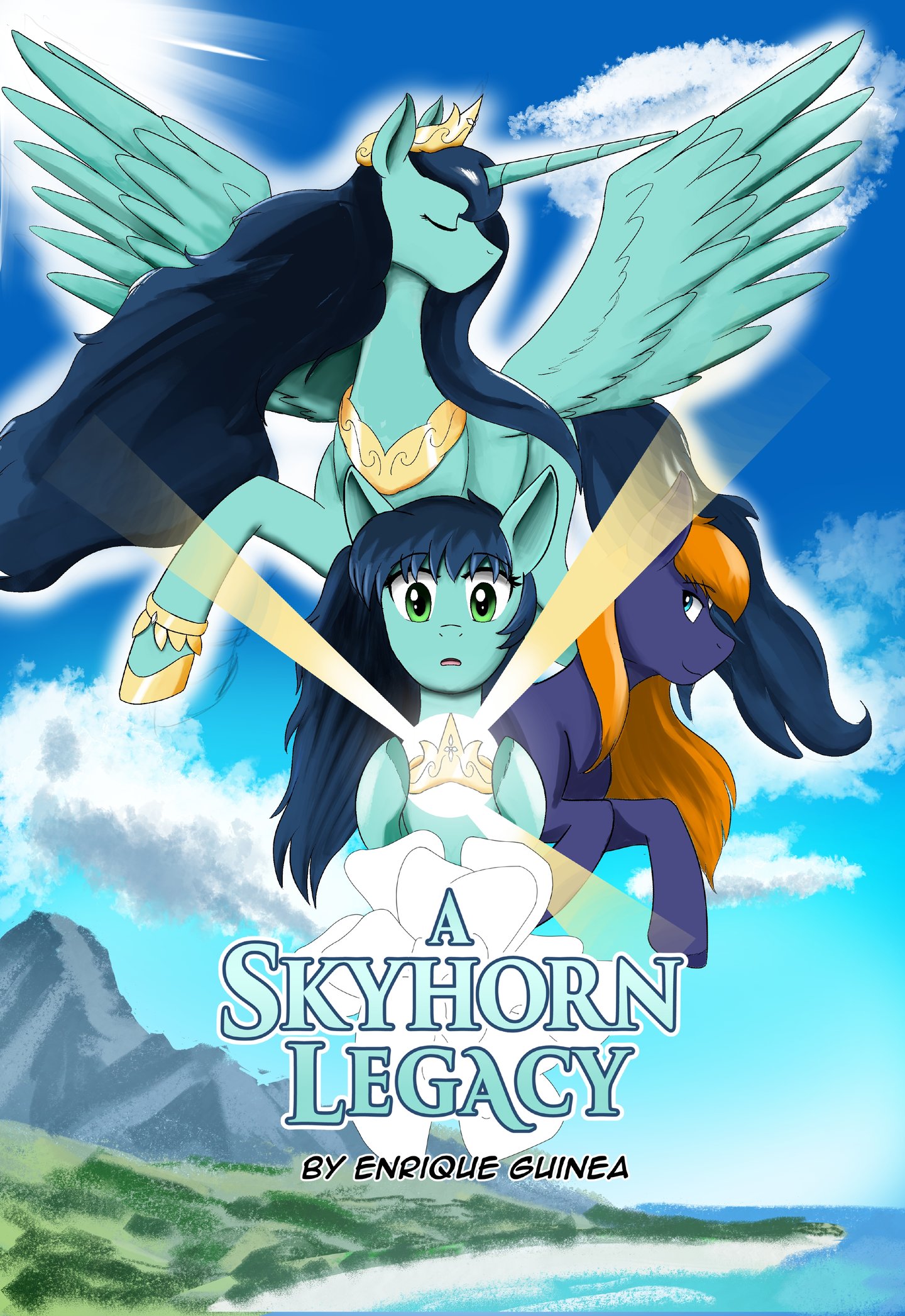 A Skyhorn Legacy cover art: two winged unicorns and a young pony holding a glowing crown in a bright sky above mountains and a coastline.