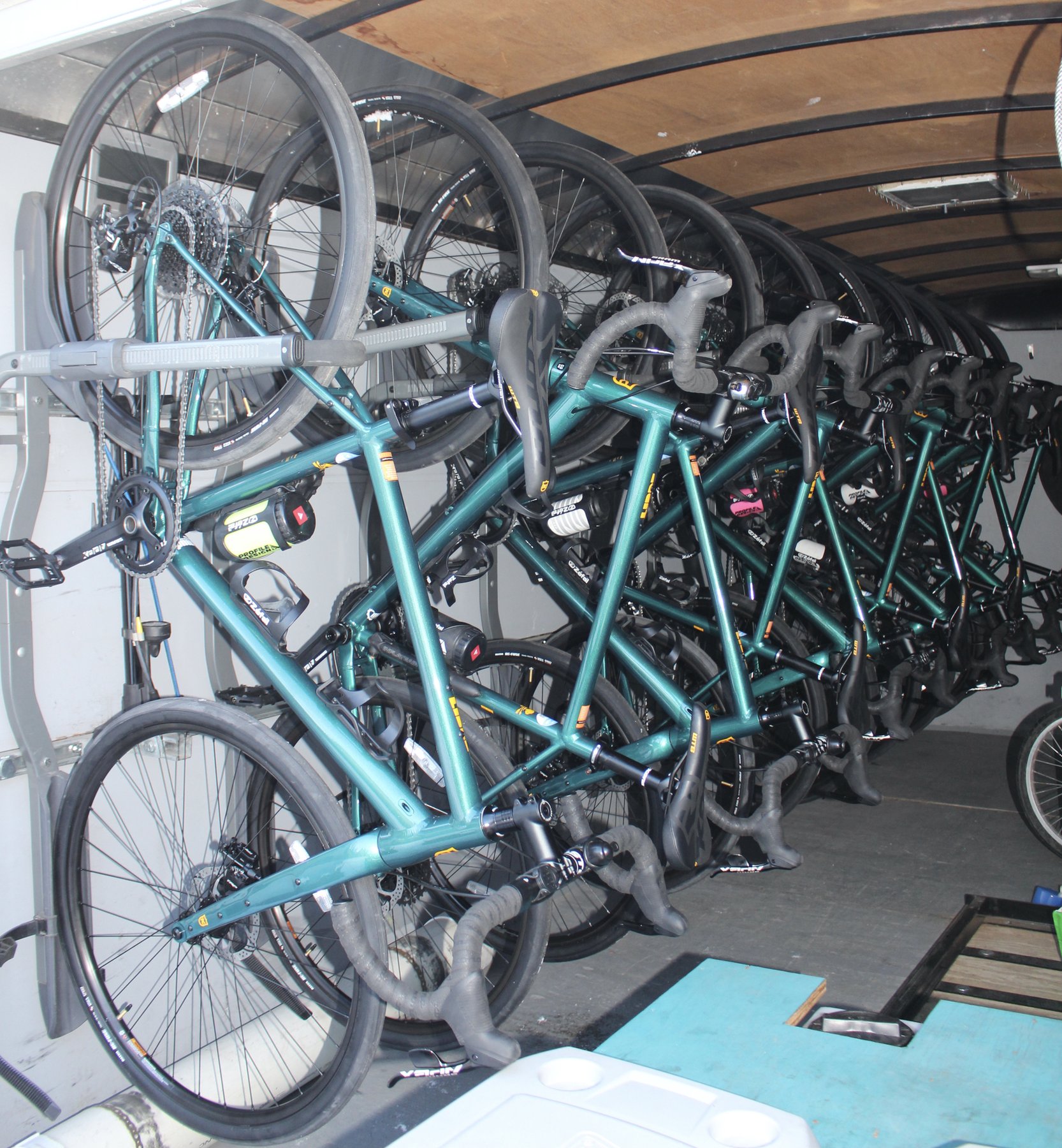 Rental bikes racked in the enclosed trailer