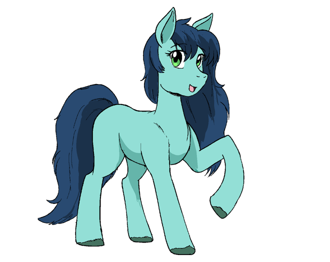 Blossom Nanu, a mint-green terraquine mare with a long navy mane and green eyes, stepping forward with one foreleg raised. Art by Enrique Guinea.