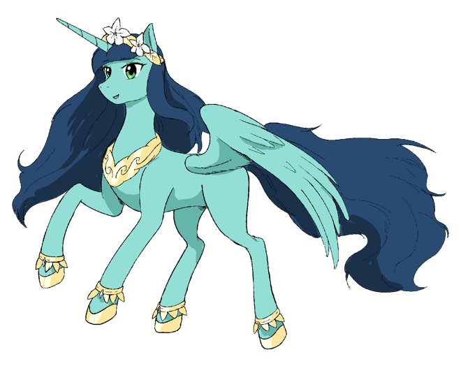 Princess Gardenia, a winged unicorn in mint green with a flowing navy mane, a white-flower diadem and gold regalia, mid-stride. Art by Enrique Guinea.