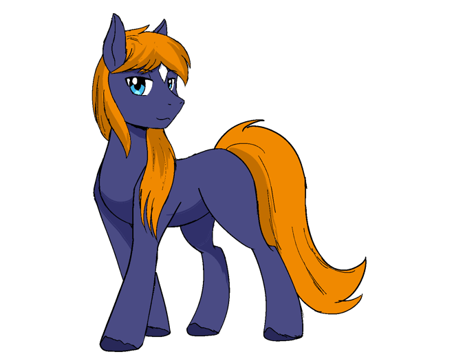 Lancer Bright, a dusk-purple terraquine stallion with an orange mane and tail and blue eyes, standing in three-quarter view. Art by Enrique Guinea.