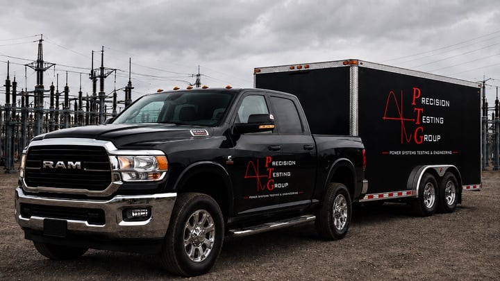 PTG field truck and enclosed test trailer parked at an electrical substation