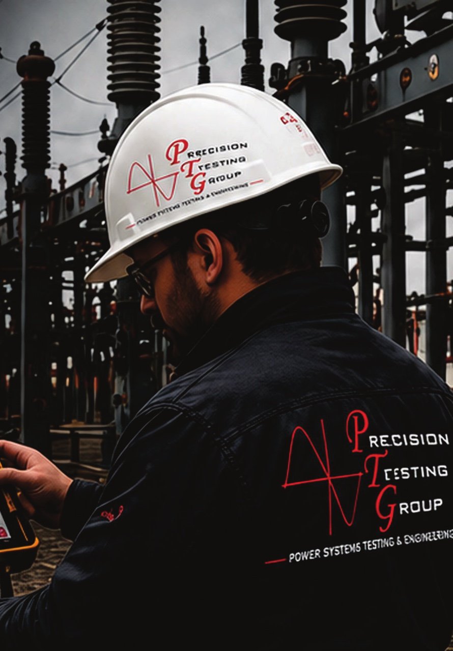 PTG field technician in branded hard hat and jacket taking readings at a substation